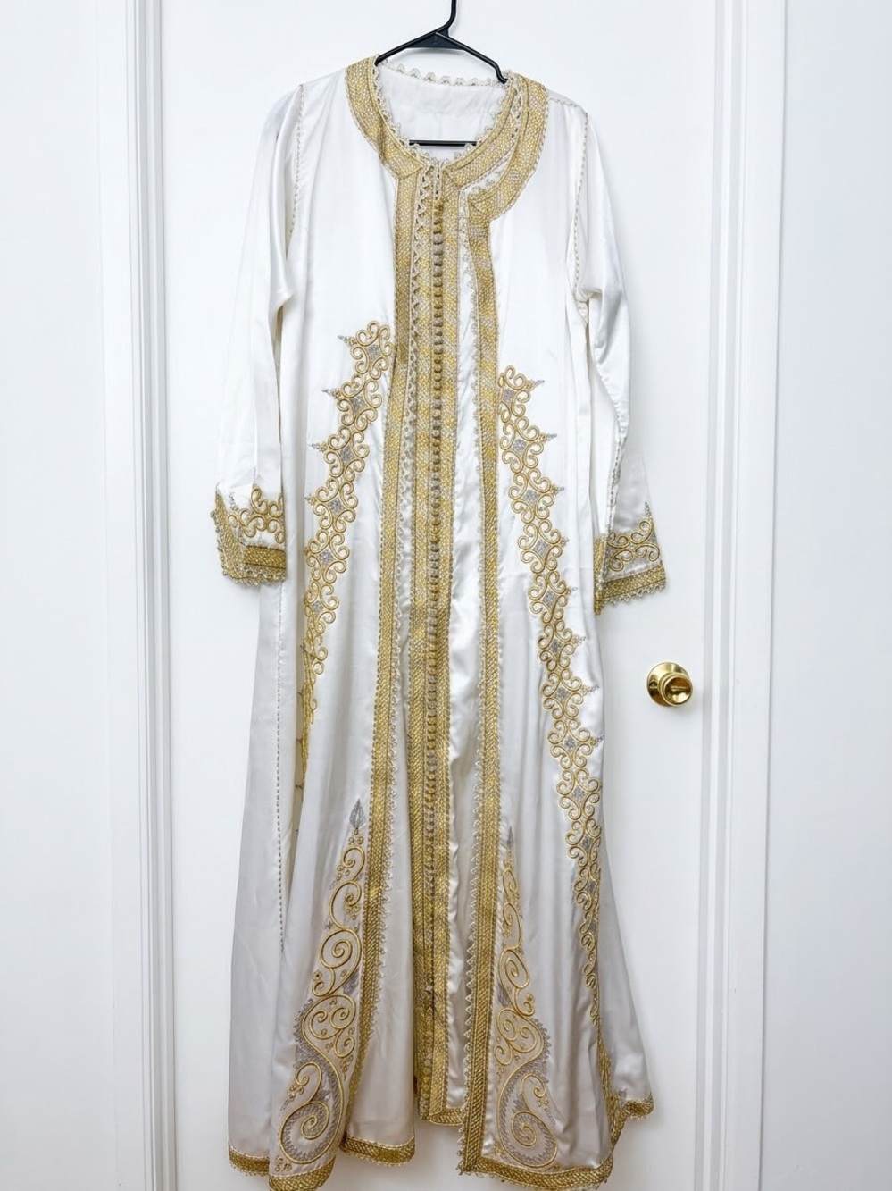 Moroccan White and Gold Embroidered Long Dress